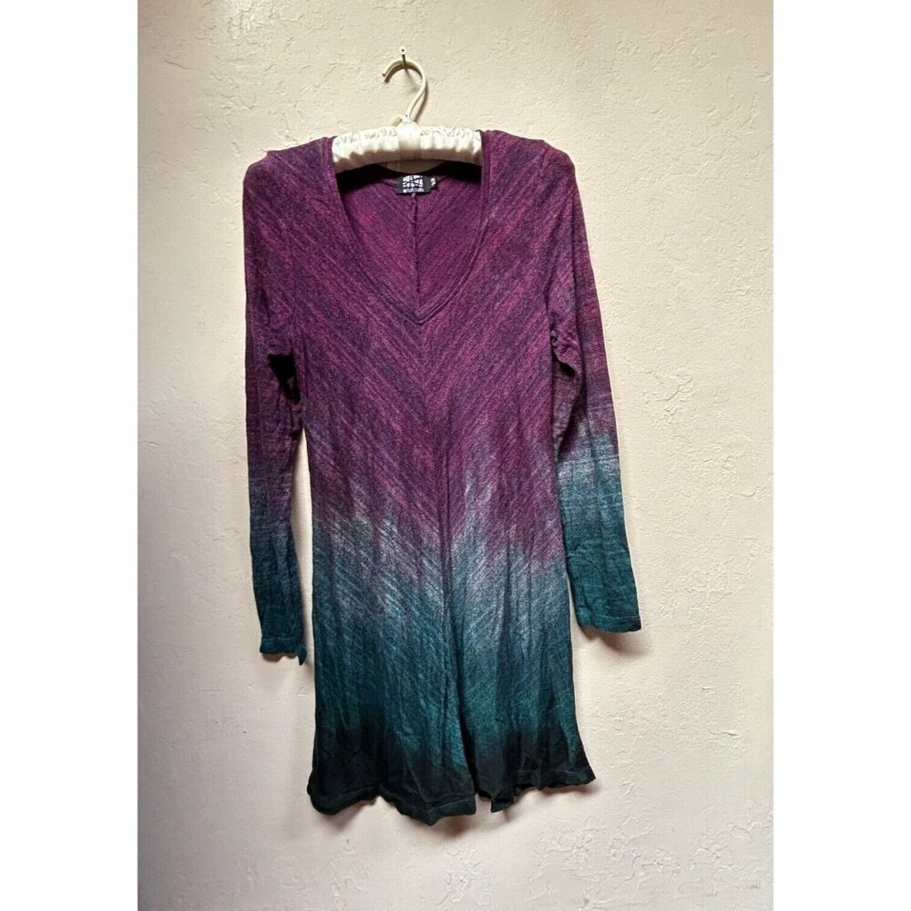 Art of Cloth Women's V-neck Long Dress XS Purple Blue Zigzag Pattern Long Sleeve